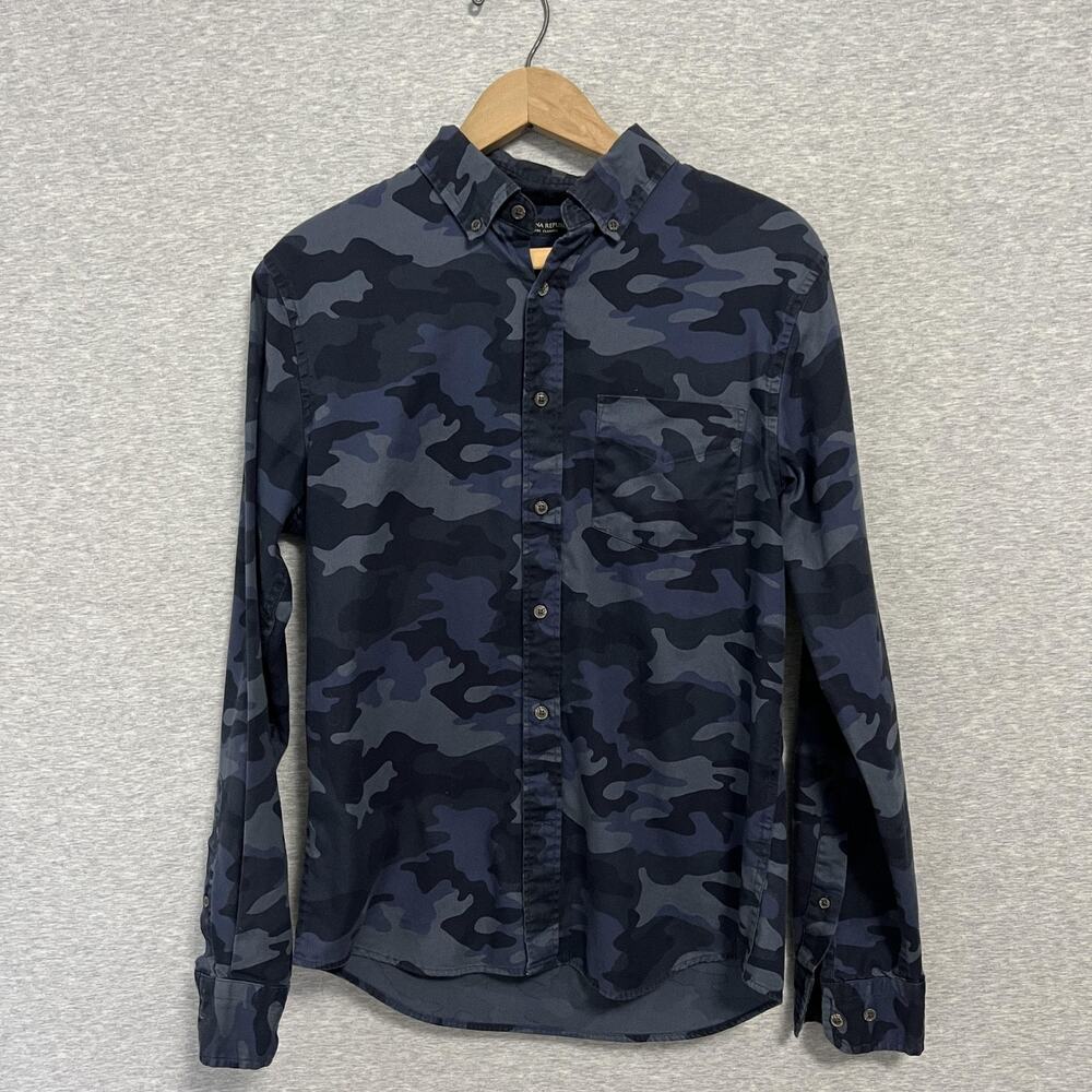 Banana Republic Shirt Mens Small Blue Camo Luxe Flannel Untucked Slim Fit Pocket